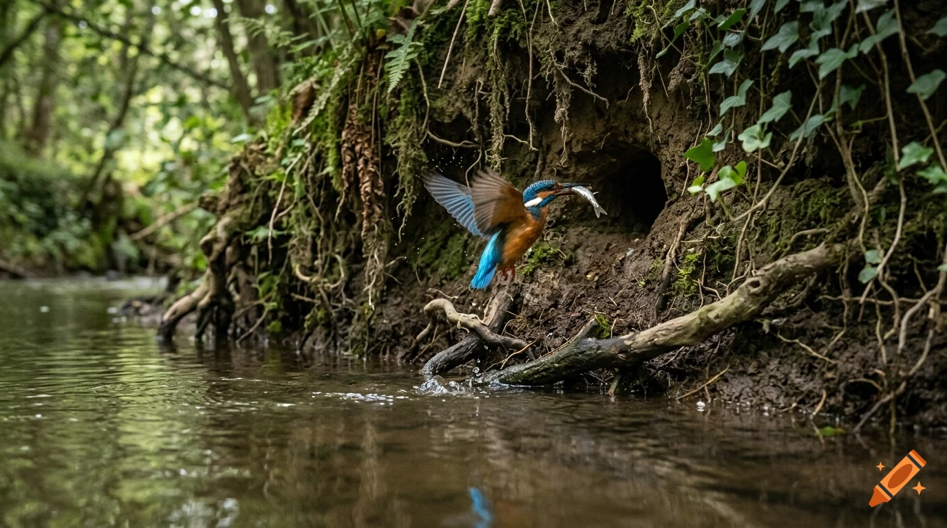 A kingfisher bird flying near a riverbank with a fish in its beak.
