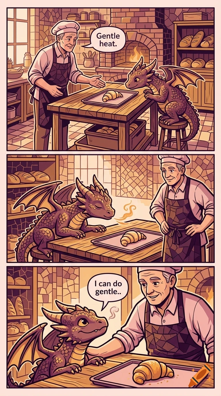 A comic strip showing a baker and a small dragon in a bakery, with the dragon using its breath to warm a croissant.