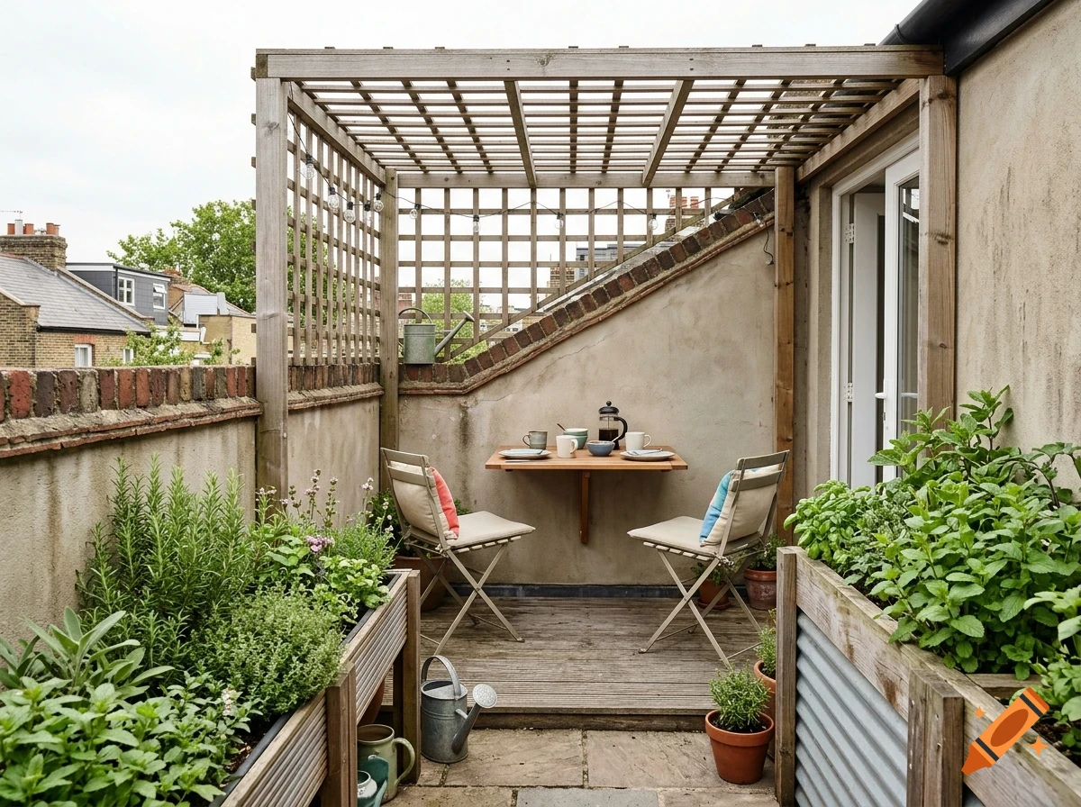 A rooftop terrace with a wooden pergola, raised planters filled with herbs, a small wall-mounted table, two folding chairs, and string lights.