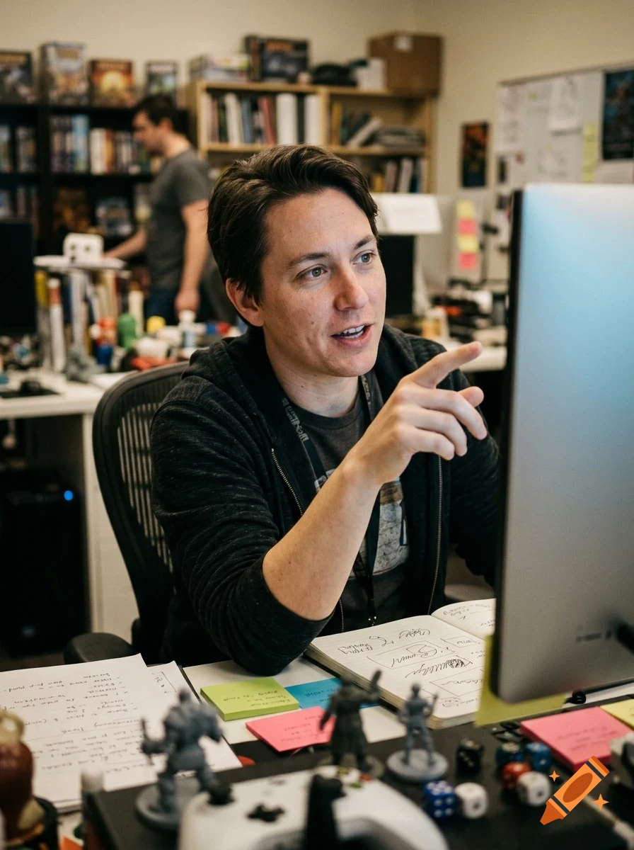 A person sitting at a desk pointing at a computer screen in an office.