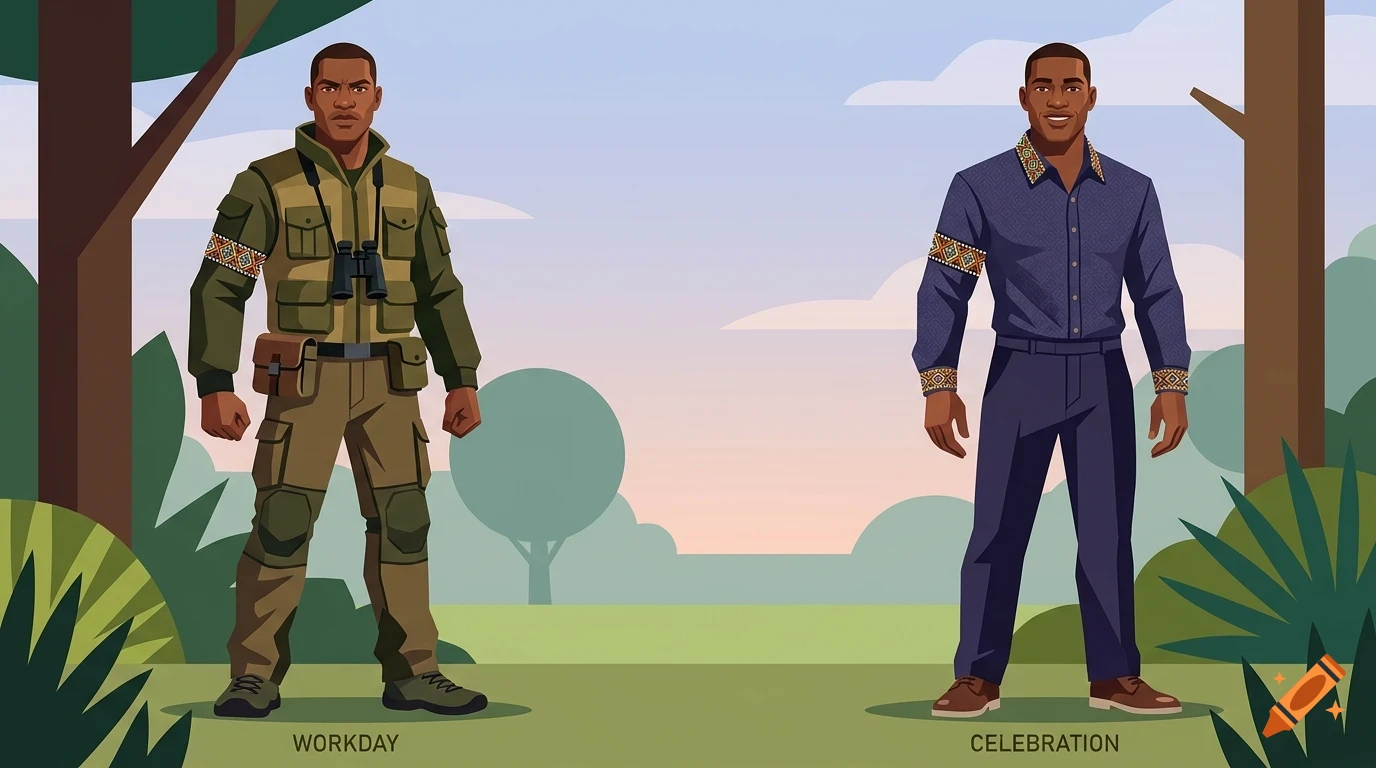 Illustration of a man in two outfits labeled workday and celebration outdoors.