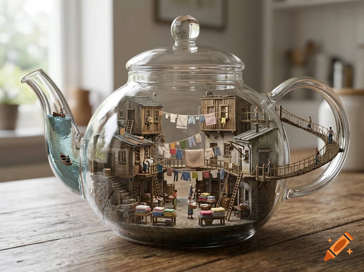 A miniature village with wooden houses, laundry lines, and tiny people is built inside a clear glass teapot resting on a wooden table.