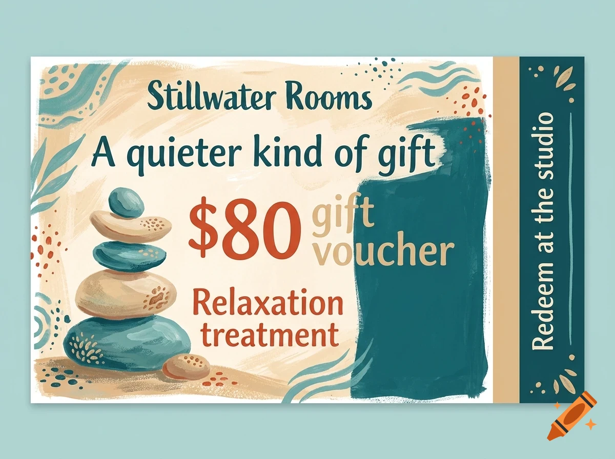An $80 gift voucher for Stillwater Rooms featuring stacked stones and abstract painted brushstrokes.