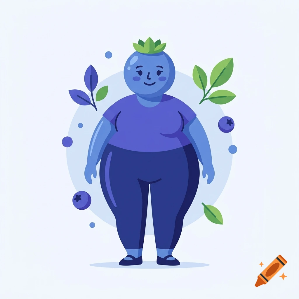 Digital illustration of a cute anthropomorphic blue blueberry character with green leaf hair, wearing a purple shirt and pants.