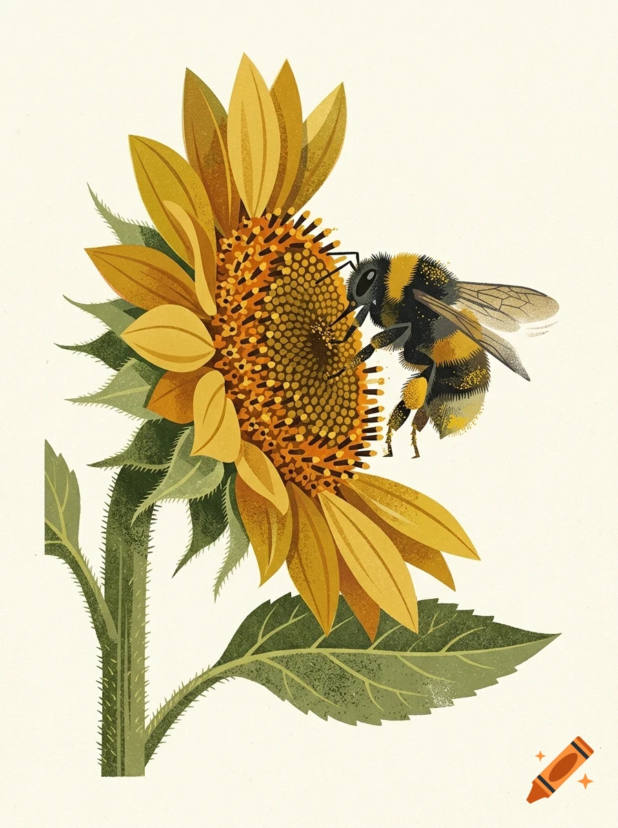 An illustration of a bumblebee collecting pollen from a vibrant yellow sunflower.