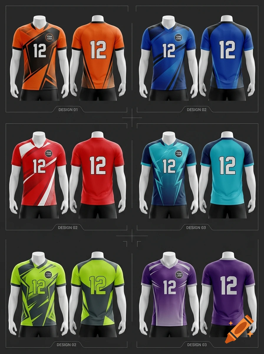 Multiple mockups of volleyball jerseys with number 12 and various color schemes on mannequins.