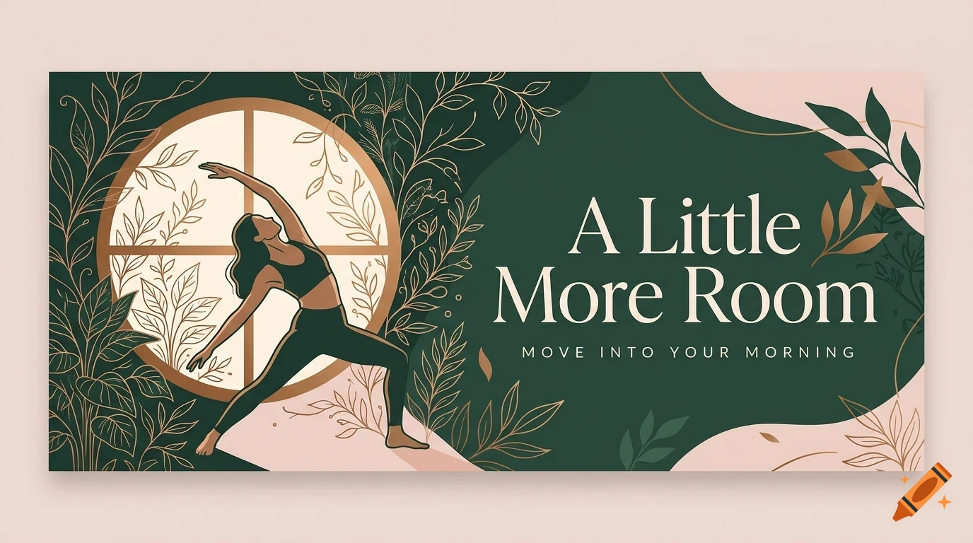 Illustration of a woman practicing yoga in front of a round window, surrounded by botanical designs and the text A Little More Room and Move Into Your Morning.