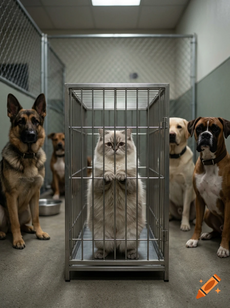 Photorealistic image of a fluffy cat standing inside a metal cage, surrounded by several dogs in a kennel.
