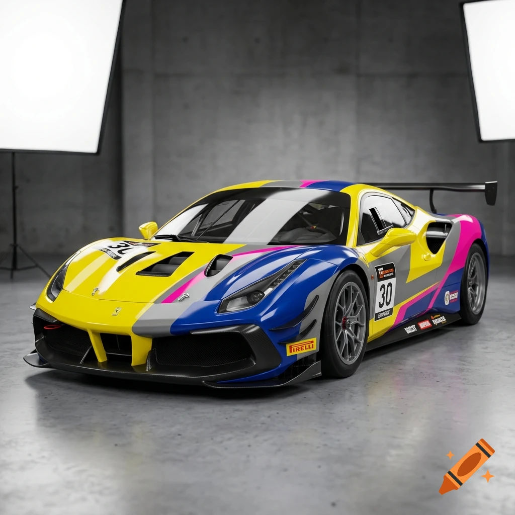 Photorealistic studio shot of a modern race car with yellow, blue, grey, and pink wrap design.