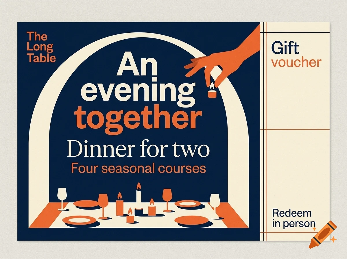 An illustration of a gift voucher for a dinner for two with text reading 'An evening together' and 'The Long Table'.