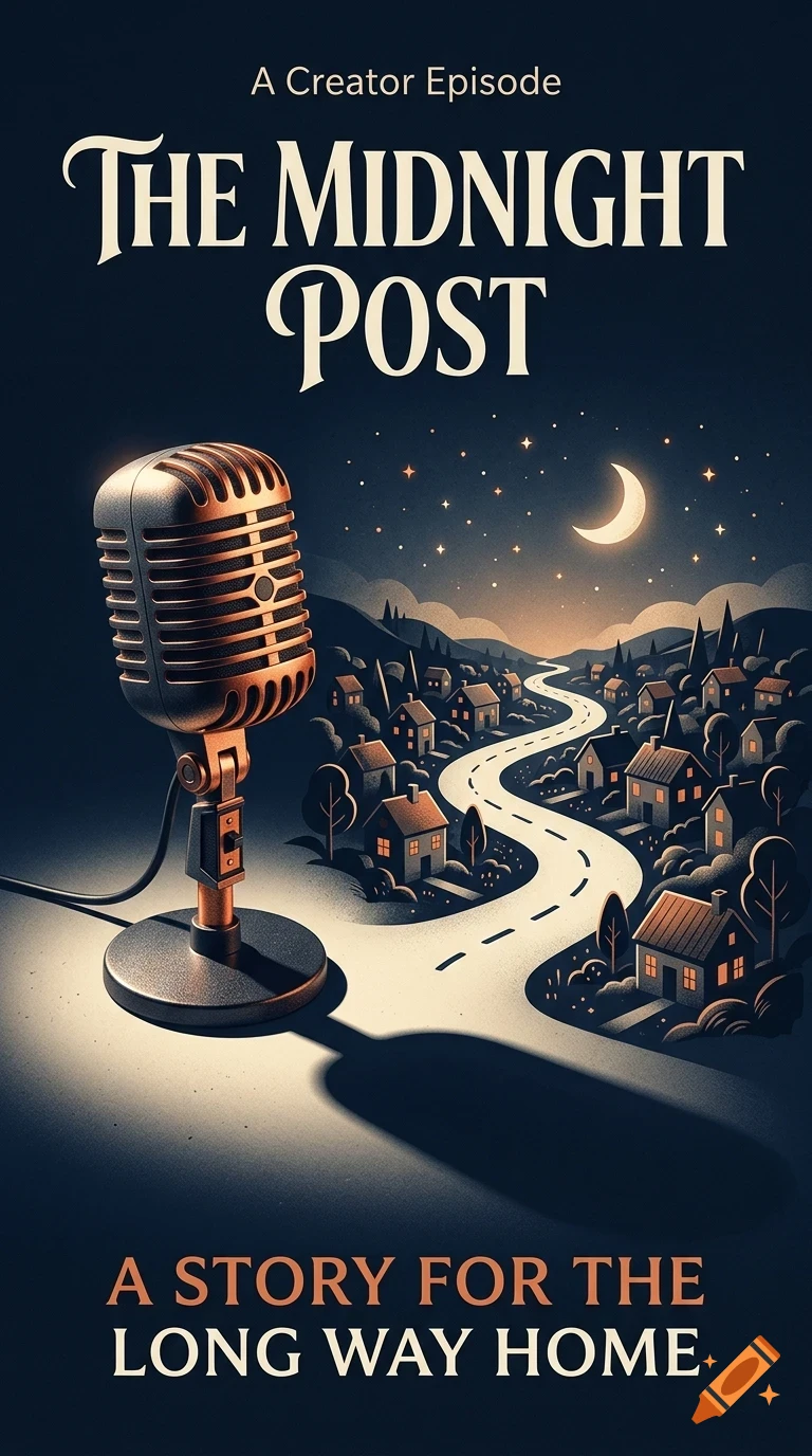 An illustration of a vintage microphone in the foreground casting a shadow over a winding road through a small town under a night sky with a crescent moon and stars, with the text 'THE MIDNIGHT POST'.