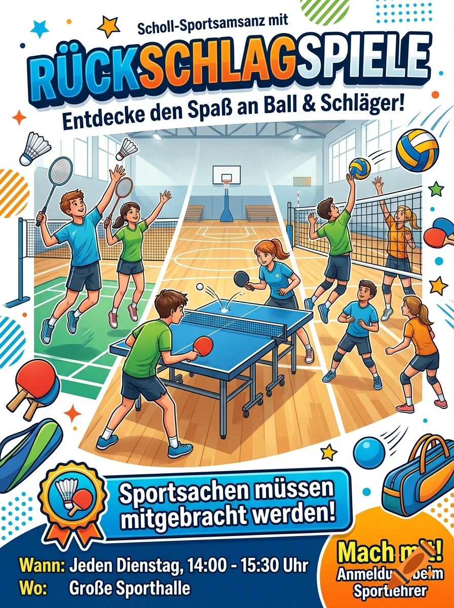 Colorful cartoon poster advertising school racquet sports with children playing badminton, table tennis, and volleyball.