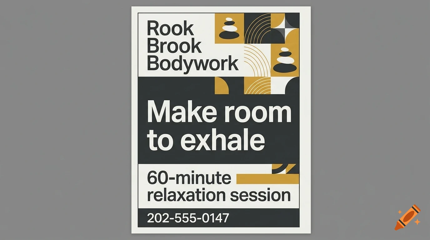 A poster for Rook Brook Bodywork featuring geometric and stacked stone designs in black, white, and gold, with the text Make room to exhale.