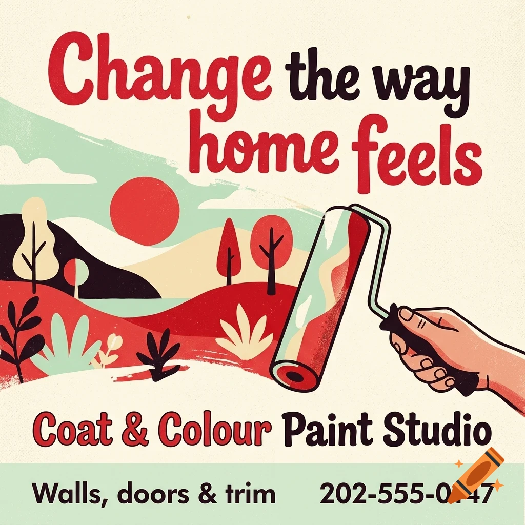 An advertisement for Coat & Colour Paint Studio featuring a hand holding a paint roller painting a landscape scene with hills, trees, and a red sun, with the text 'Change the way home feels', 'Coat & Colour Paint Studio', 'Walls, doors & trim', and '202-555-0147'.