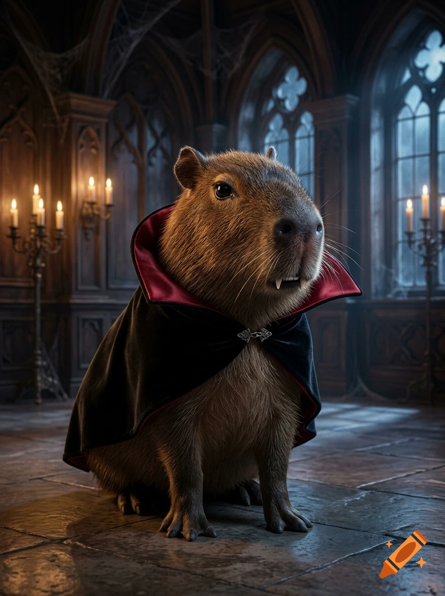 Photorealistic image of a capybara wearing a vampire cape with a red lining, sitting on a stone floor in a gothic castle.