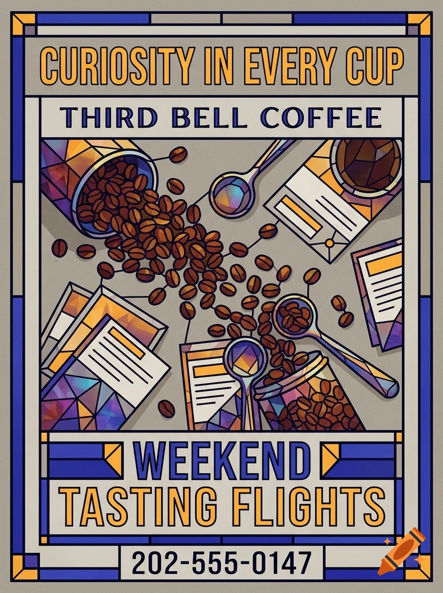 An illustration depicting coffee beans spilling from containers, surrounded by spoons, packaging, and the text CURIOSITY IN EVERY CUP and THIRD BELL COFFEE.