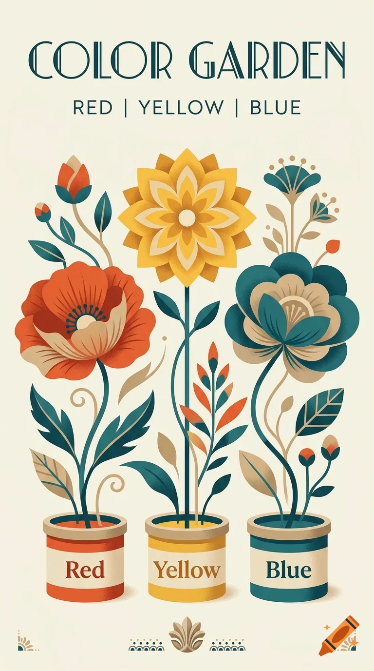 An illustrated poster titled Color Garden features three potted plants with stylized red, yellow, and blue flowers.