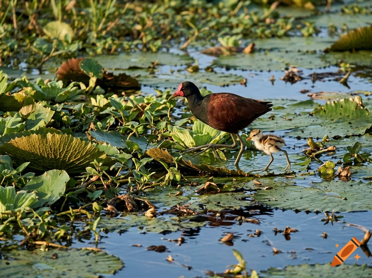 An adult jacana bird and a chick walking among lily pads in a shallow body of water.