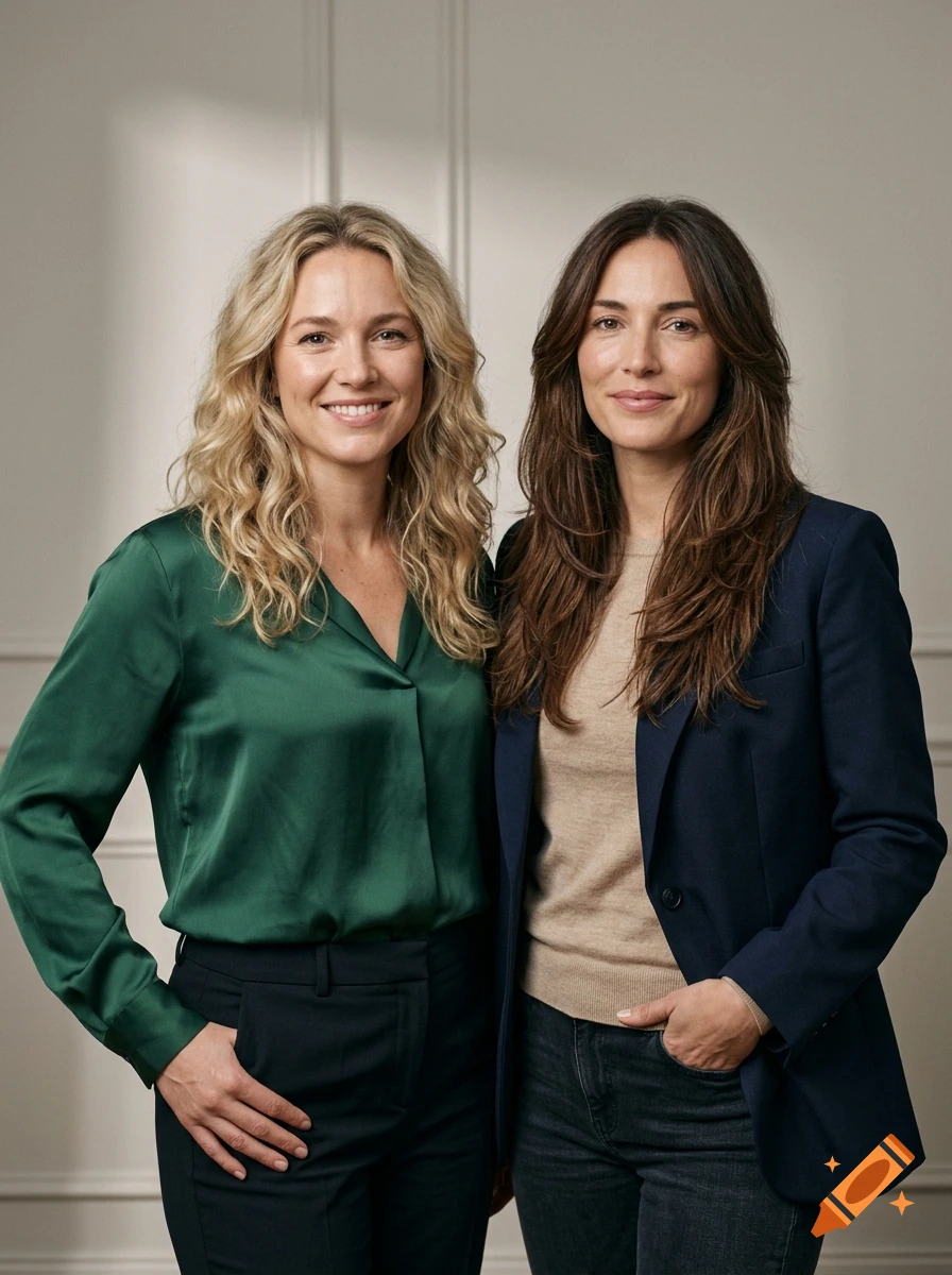 Photorealistic portrait of two smiling women standing side by side against a plain wall, one wearing a green silk blouse and the other in a navy blazer.