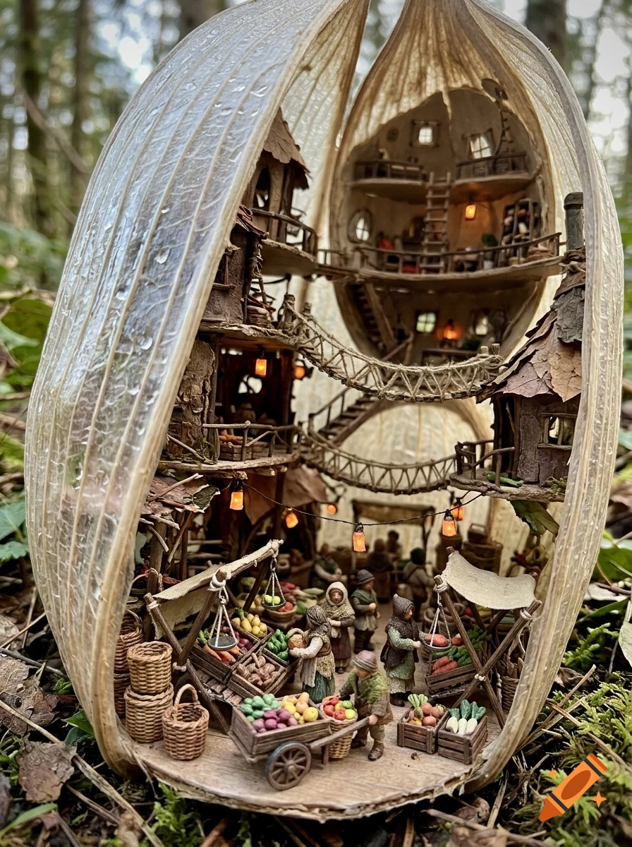 A miniature market and multi-level dwelling built inside a hollowed-out seed pod or nut shell set in a forest.