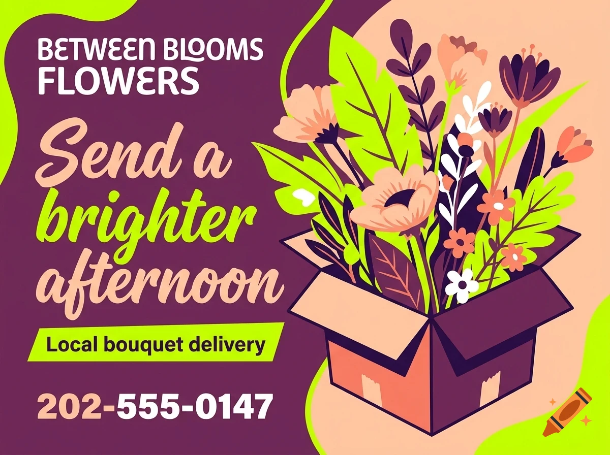 An illustrated advertisement for Between Blooms Flowers featuring a box filled with colorful flowers and greenery against a purple and green background.