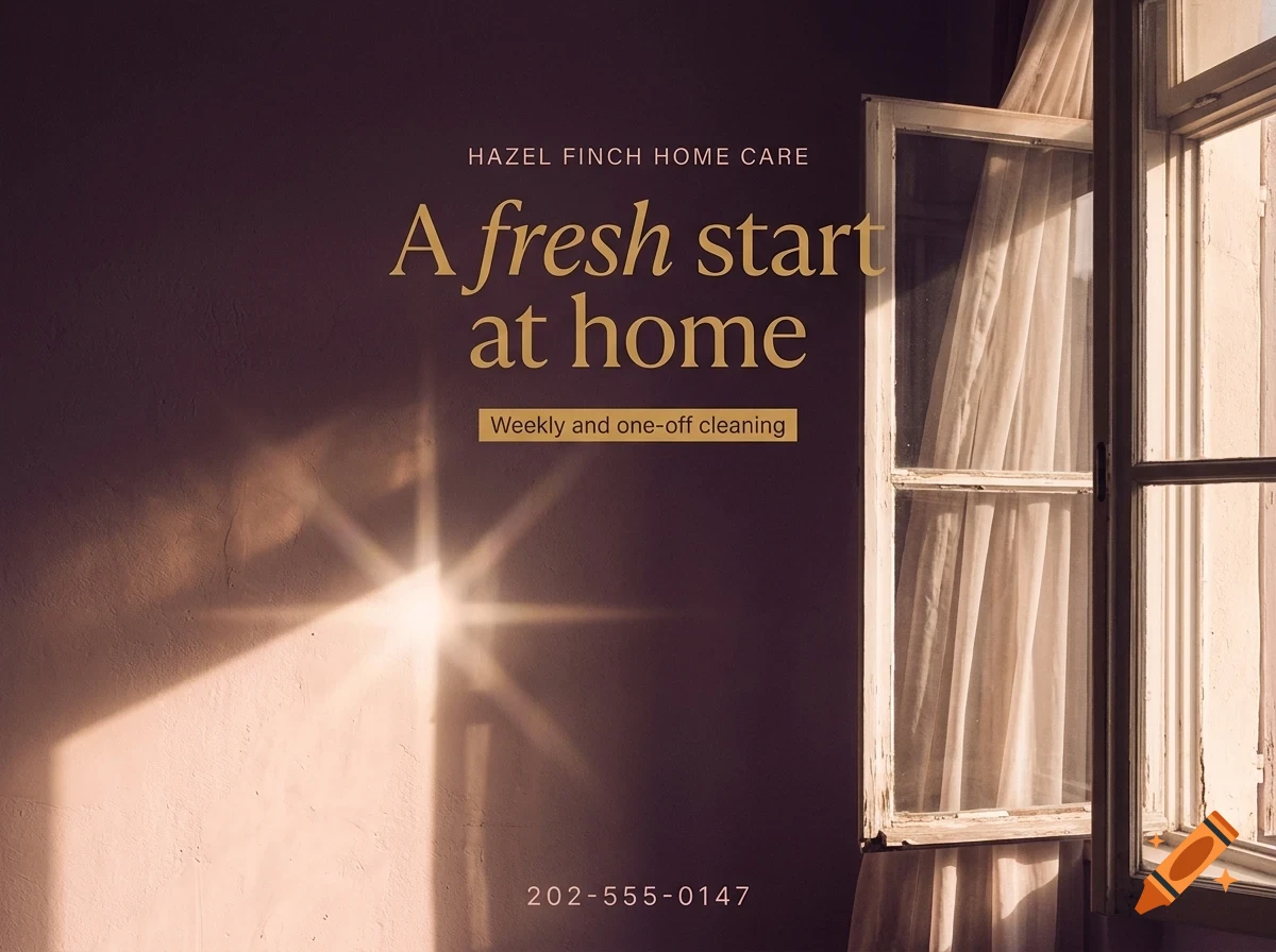 An open window with sheer curtains lets sunlight cast a bright star-shaped flare on a wall, overlaid with text reading 'Hazel Finch Home Care' and 'A fresh start at home'.