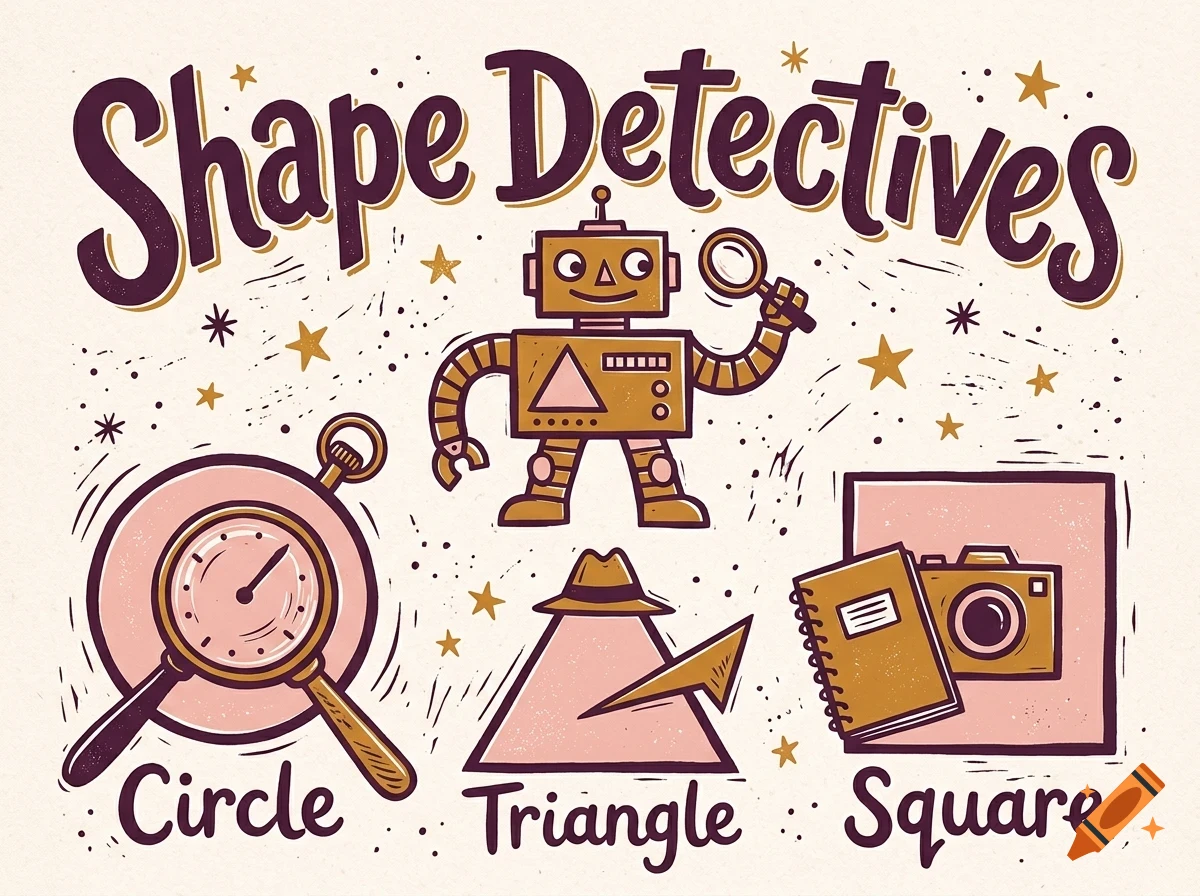 An illustrated educational poster titled Shape Detectives, featuring a robot, magnifying glass, clock, triangle, camera, and notebook with labels.