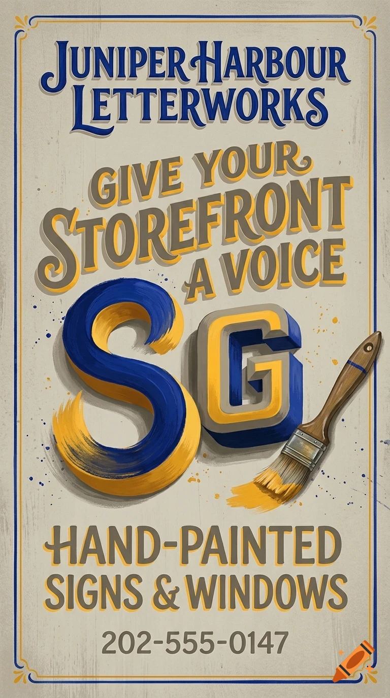 An advertisement featuring hand-painted lettering that reads Juniper Harbour Letterworks, Give your storefront a voice, with a paintbrush.