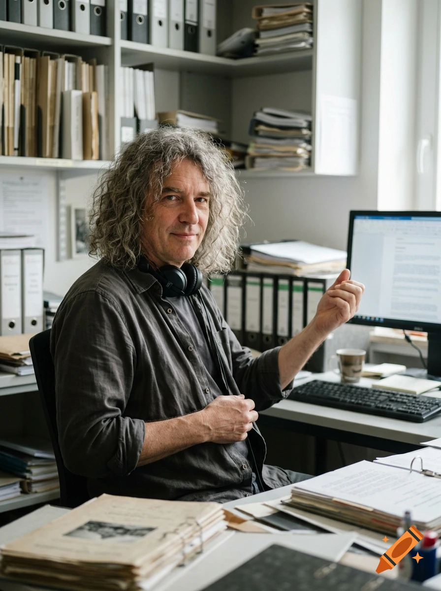 Photorealistic portrait of a middle-aged man with long curly hair and a headset, sitting in an office with shelves full of folders.