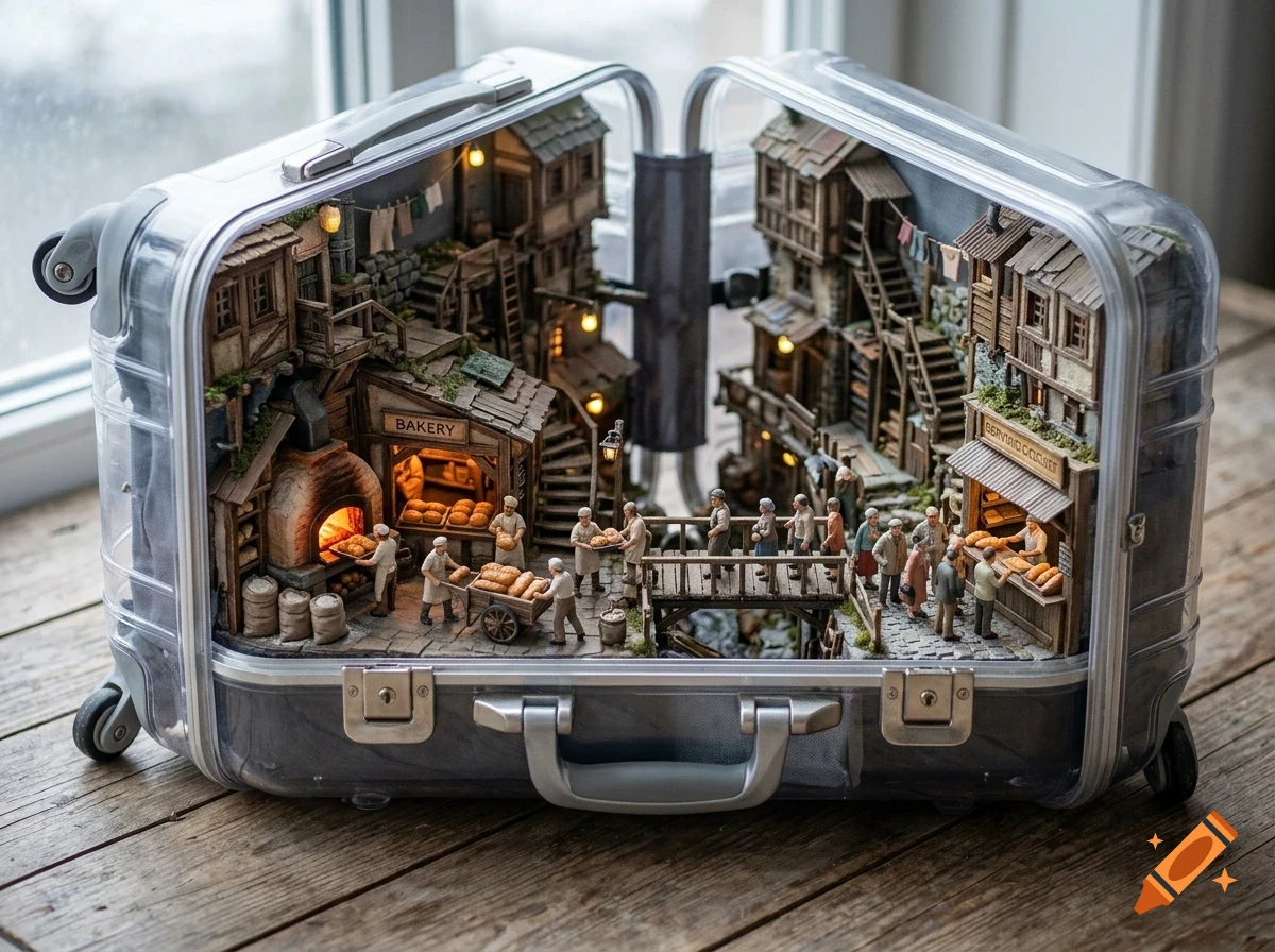 A miniature medieval village with tiny figures and a bakery is built inside an open transparent suitcase.