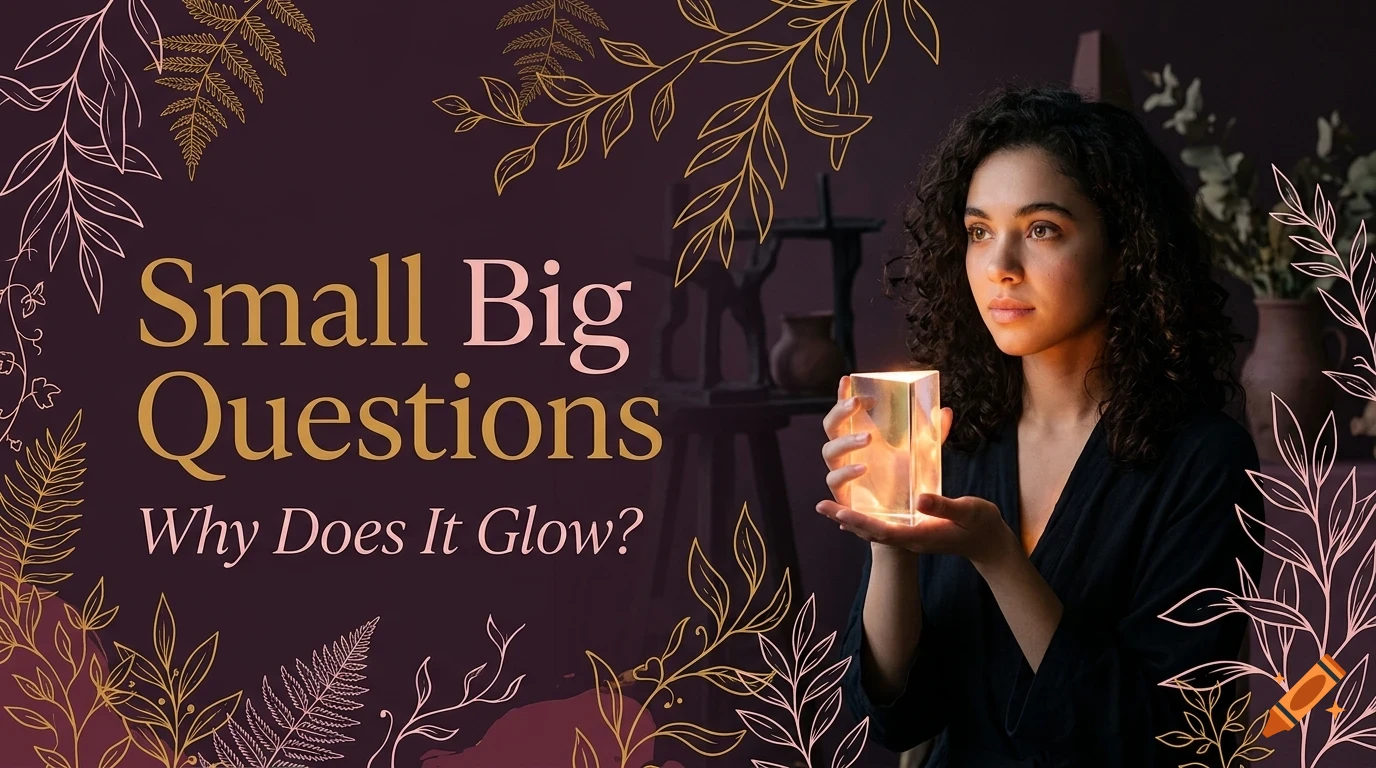 A woman holding a glowing rectangular object with text reading Small Big Questions Why Does It Glow?