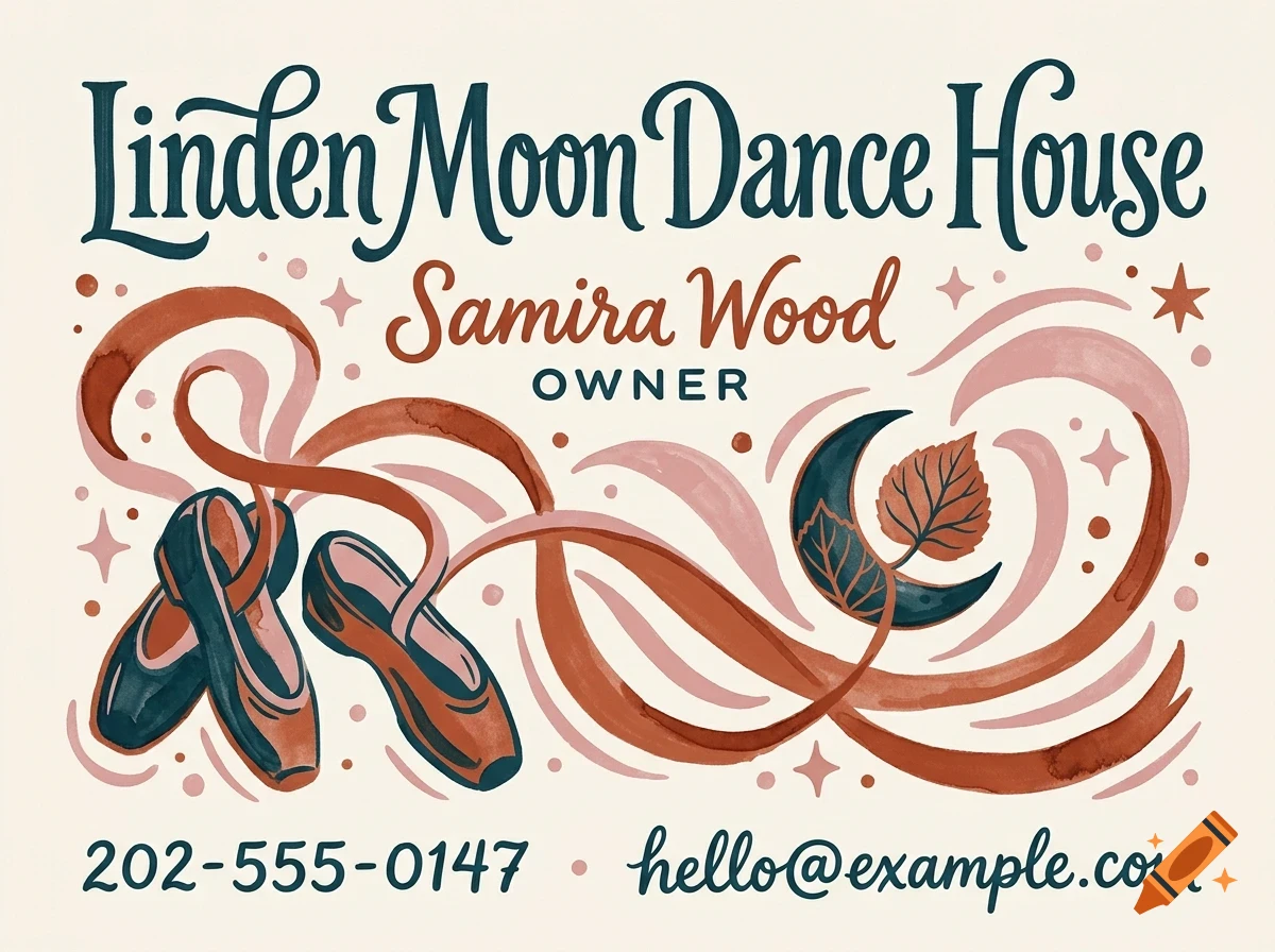 An illustrated business card or sign for Linden Moon Dance House with ballet shoes, ribbons, a crescent moon, a leaf, and lettering.