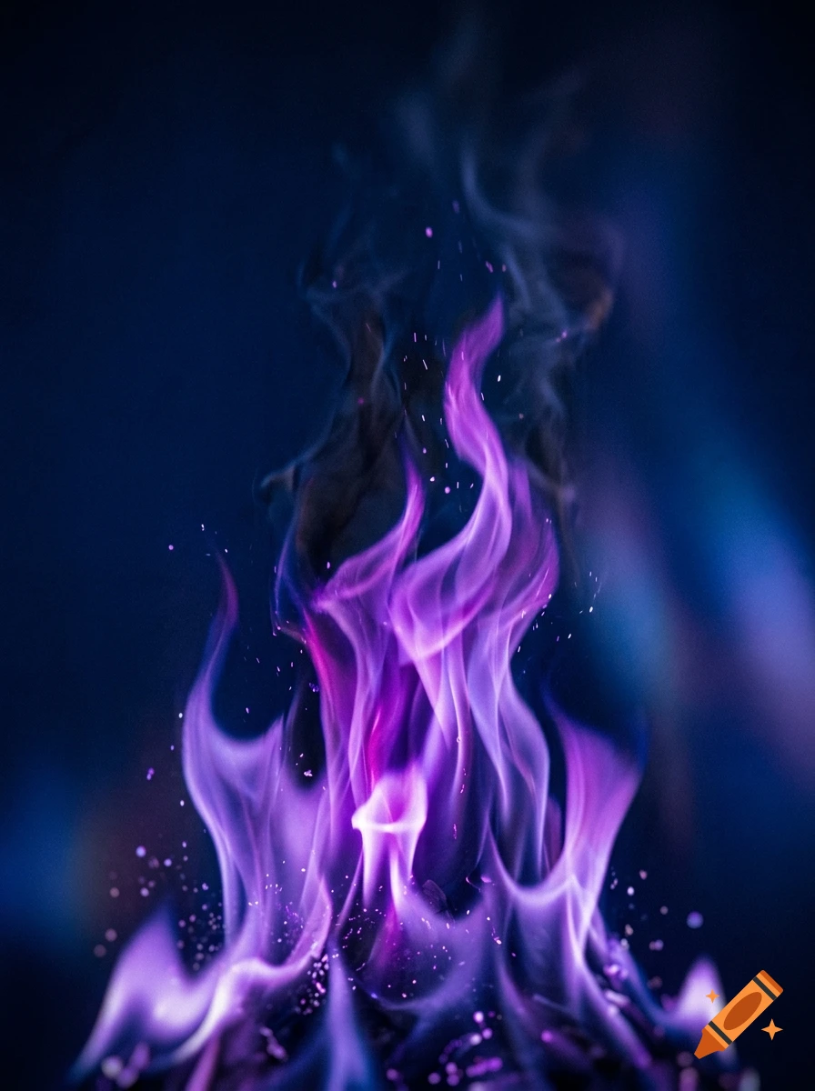 Vibrant purple and blue flames burning against a dark background with floating sparks.