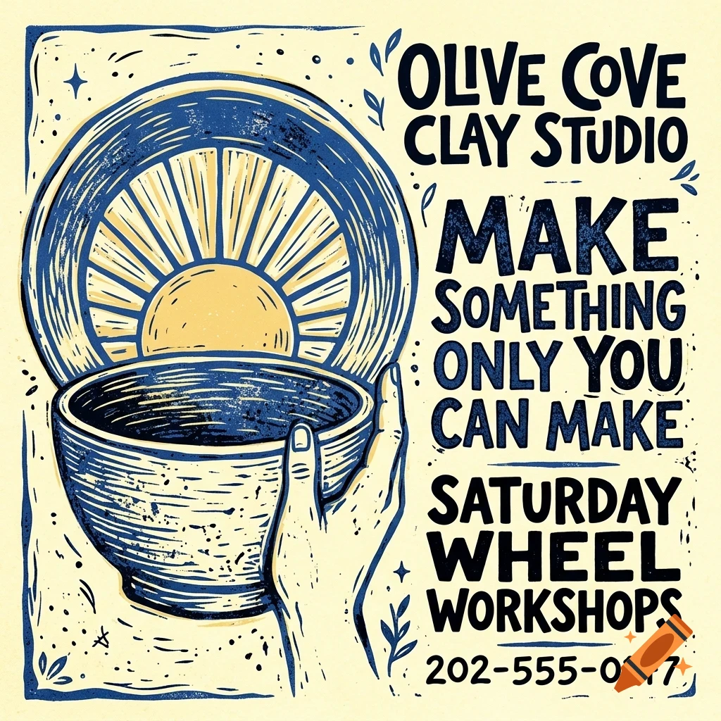 An illustrated poster advertising Olive Cove Clay Studio with a hand holding a ceramic bowl and plate, and bold lettering.