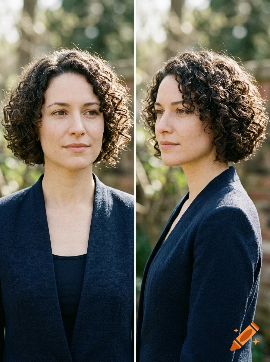 Two-panel portrait of a woman with short curly brown hair wearing a dark blue jacket.