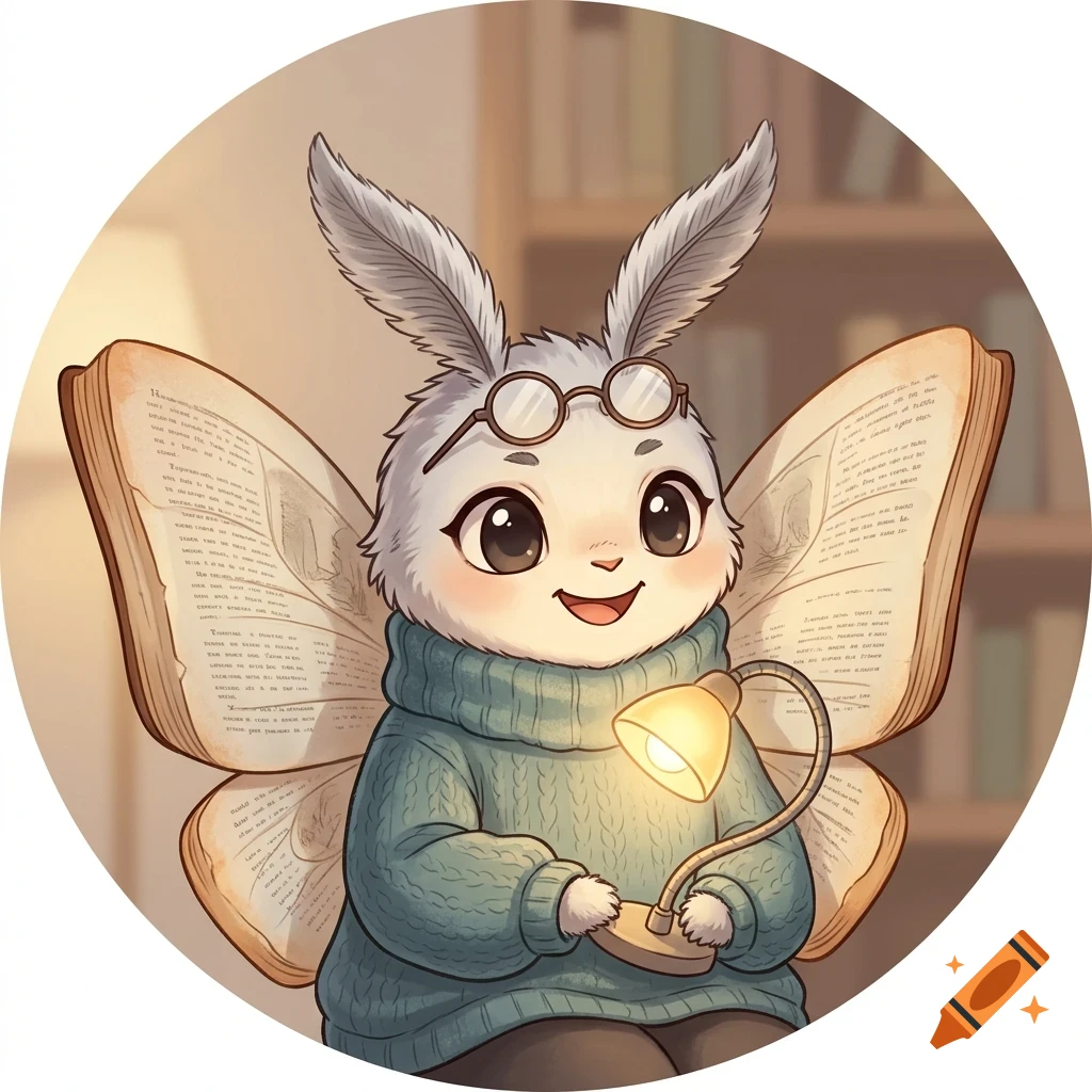 An illustration of a cute rabbit with glasses, wearing a cozy sweater, holding a small glowing desk lamp, and sporting wings made of open books.