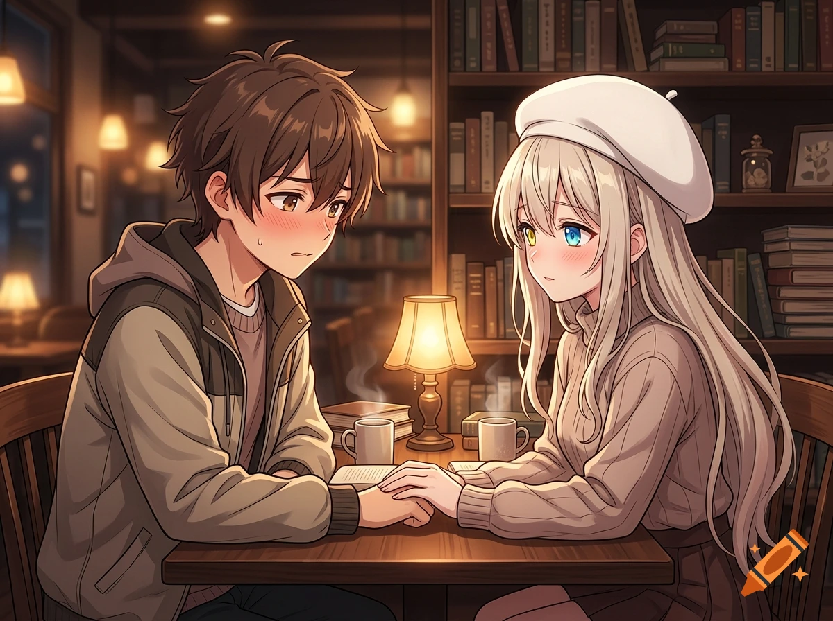 Anime style illustration of a young couple holding hands across a wooden table in a cozy book cafe with warm lighting.