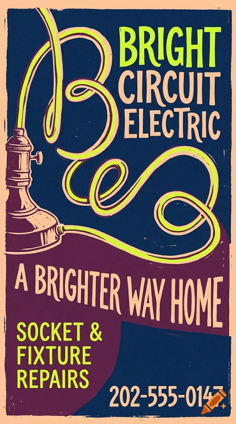 An advertisement for Bright Circuit Electric featuring a light socket with a looping cord and text including 'Bright Circuit Electric', 'A brighter way home', 'Socket & fixture repairs', and a phone number.