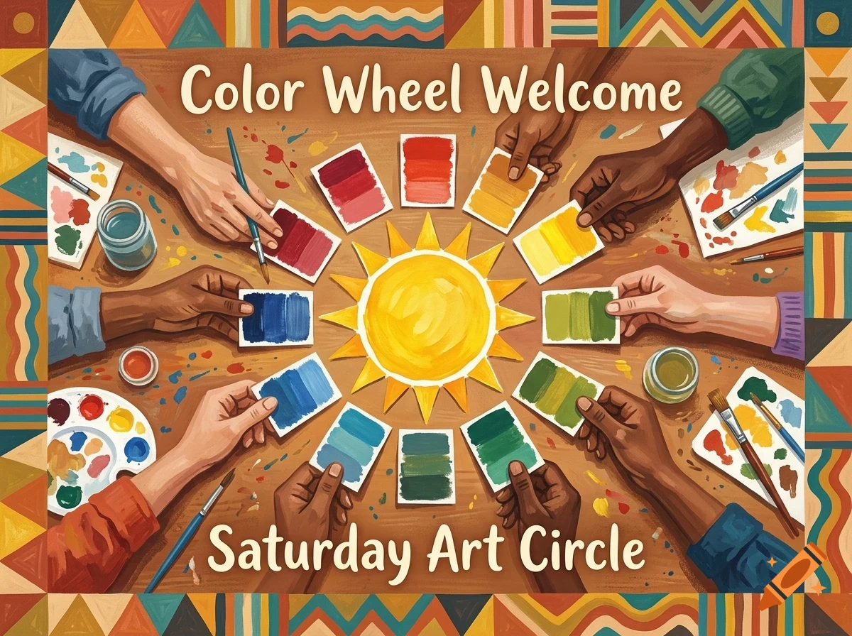 Top-down view of people gathered around a table holding color swatches arranged in a circle around a sun, with paint supplies and text reading 'Color Wheel Welcome' and 'Saturday Art Circle'.