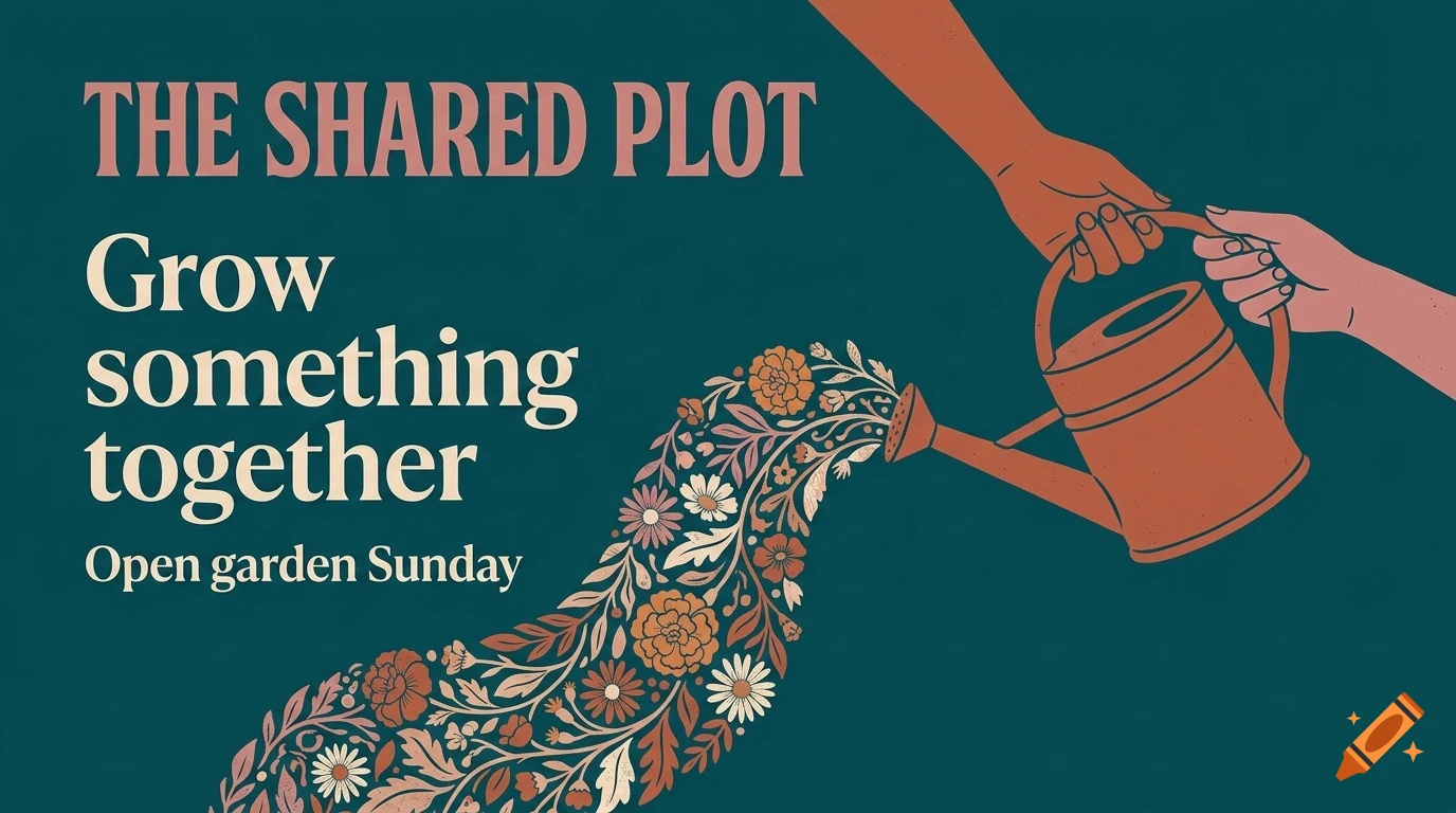 An illustrated poster with two hands holding a watering can that pours out a stream of flowers and leaves, accompanied by the text The Shared Plot.