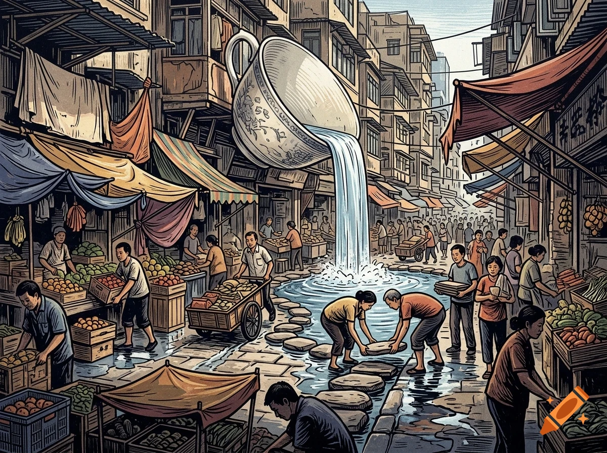 An illustrated outdoor market street with people shopping and a giant teacup suspended in the air pouring water down a stream running through the center.