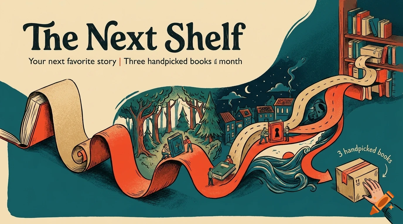 An illustrated banner with the text The Next Shelf, showing a winding red ribbon path of stories leading from an open book through a landscape to a delivery box.