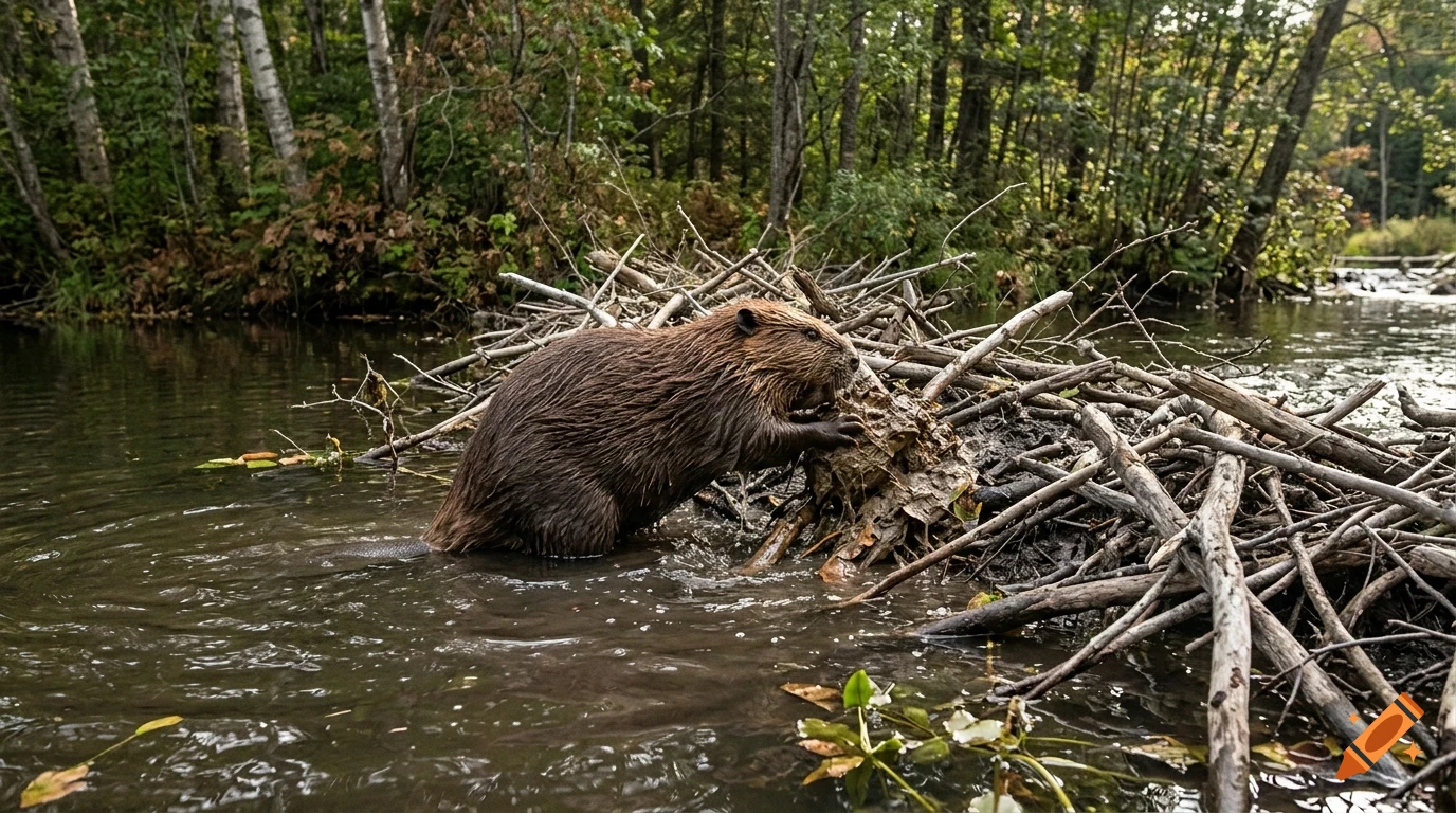 A beaver stands in a shallow river, working on building a dam with branches near a forest.