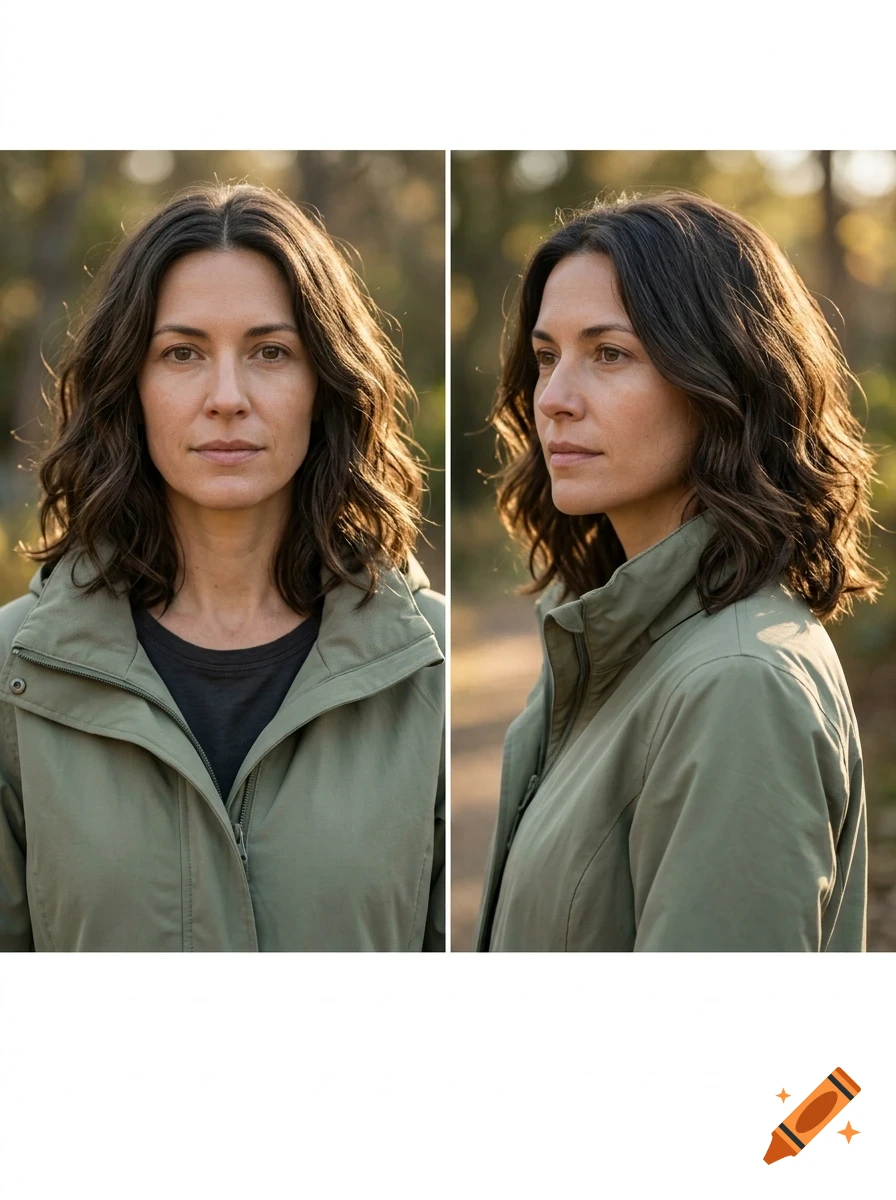 Two-panel portrait of a woman with dark wavy hair wearing an olive green jacket.
