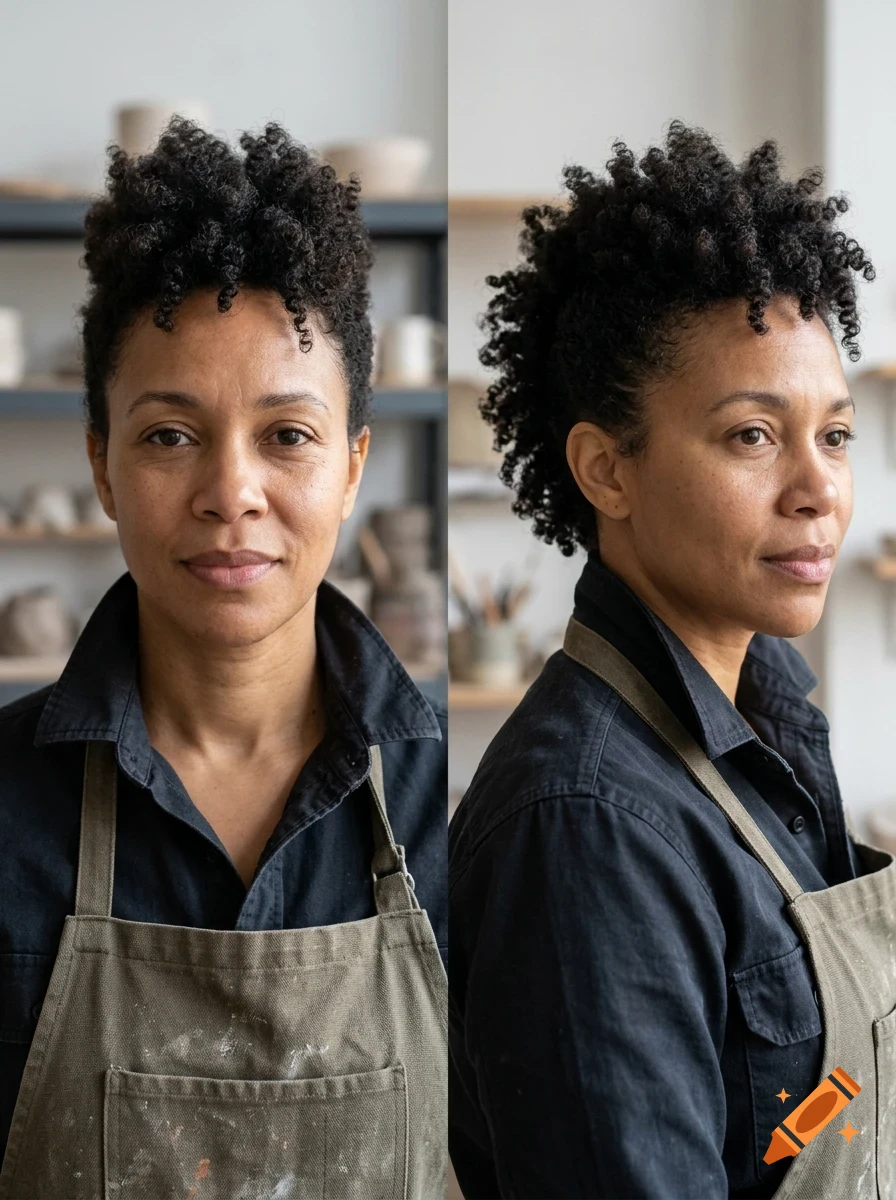 Two portraits of a person with short curly dark hair wearing a dark shirt and apron in a studio.