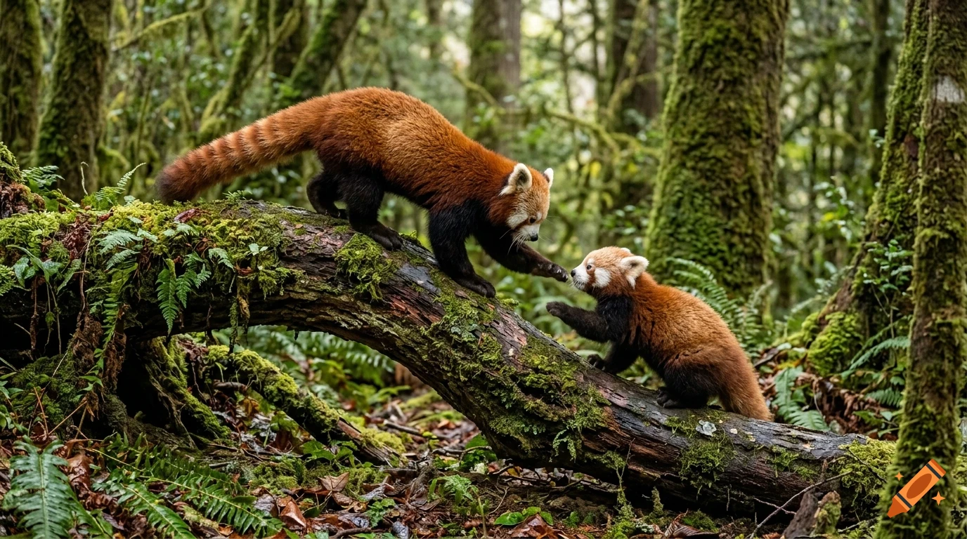 Two red pandas interacting on a moss-covered log in a lush green forest.