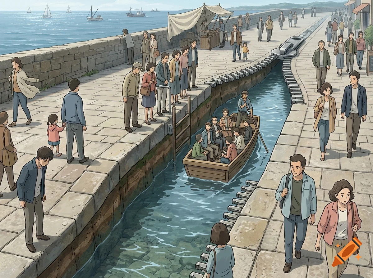 An illustrated surreal scene of a stone quay by the sea where a large zipper unzips the pavement, revealing a narrow waterway with a boat carrying people.