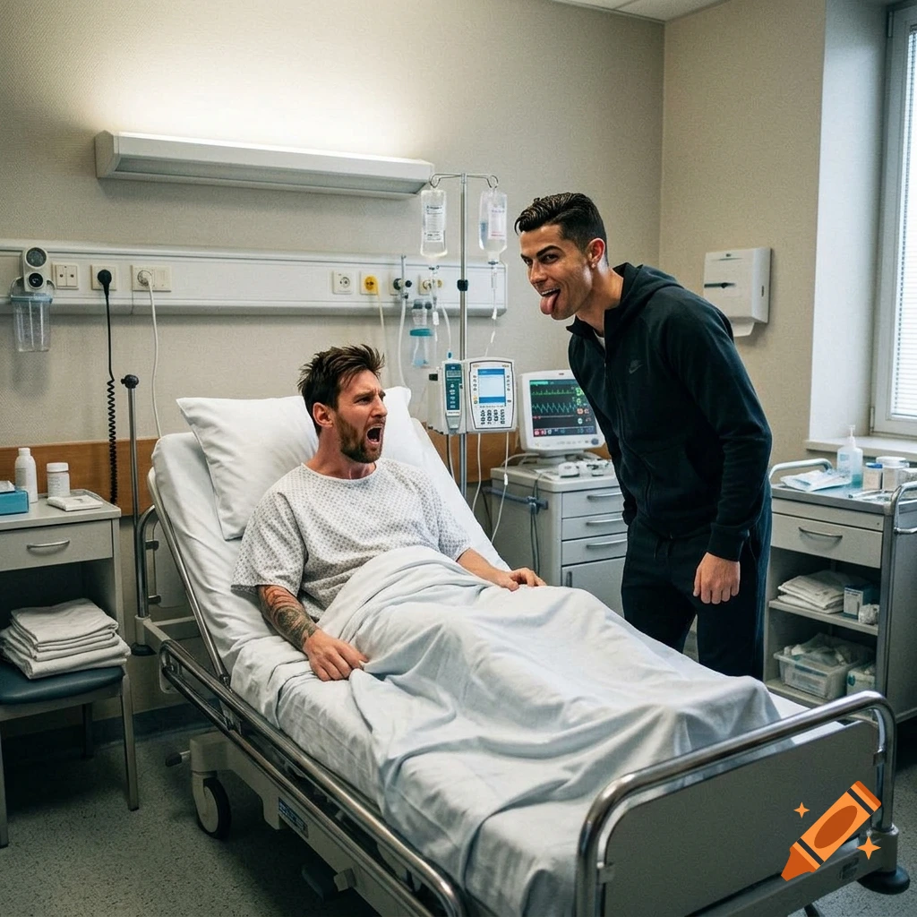 Photorealistic image of soccer player Lionel Messi lying in a hospital bed shouting, while Cristiano Ronaldo stands beside him sticking his tongue out.