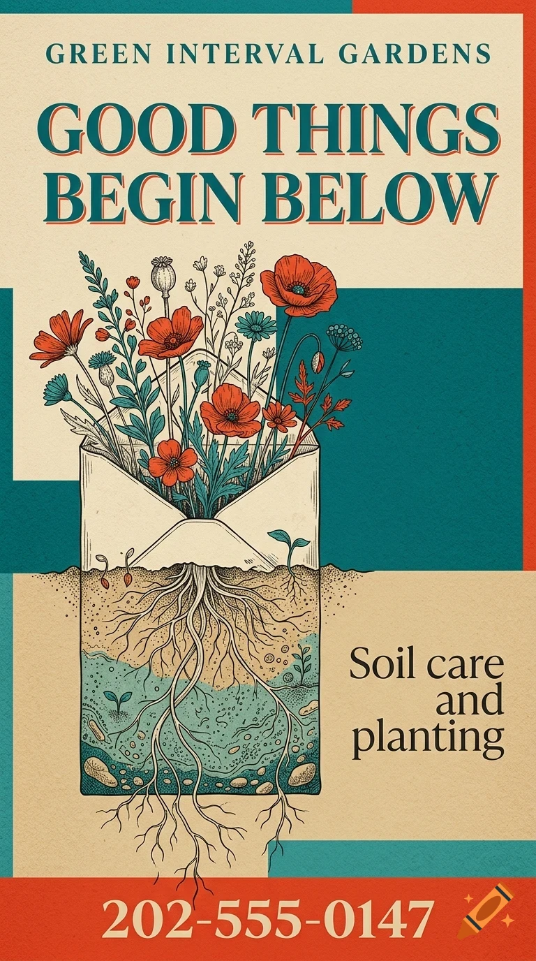 An illustration of an envelope holding flowers with roots extending downward underground, accompanied by text.