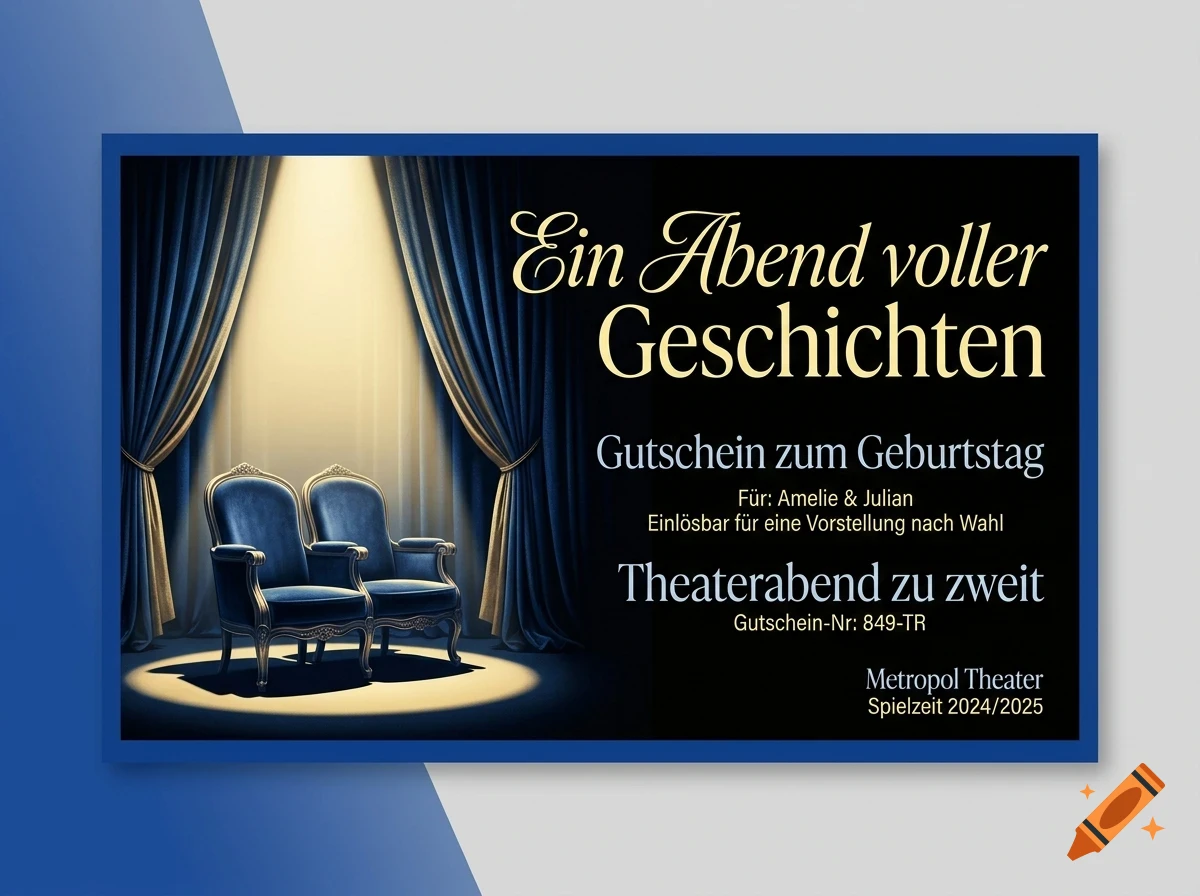 A theater gift voucher featuring blue velvet armchairs on a stage with curtains and German text 'Ein Abend voller Geschichten'.